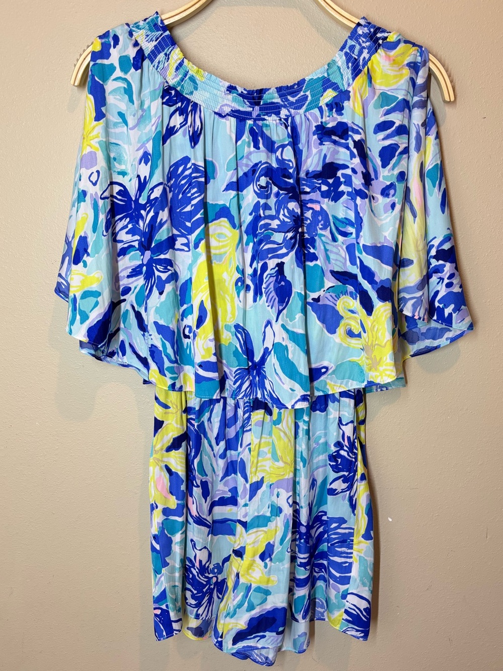 Lilly Pulitzer Arbelle Romper, Blue Yellow Floral Off-Shoulder, XS